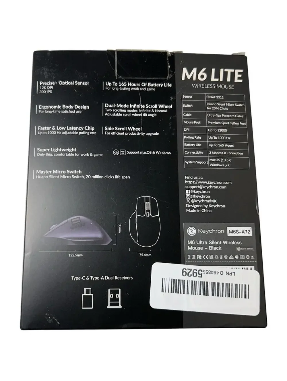 Keychron M6 Lite Wireless Gaming Mouse, Programmable, for Windows/Mac/Linux -NEW